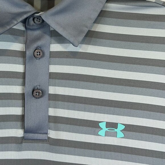 Under Armour Grey Striped Polo Shirt Coldblack UV Protection Loose Fit Mens XL - Picture 5 of 10